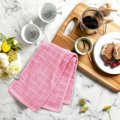 Mordimy 100% Cotton Terry Cloth Kitchen Towels, Super Soft and Absorbent Dish Towels for Drying, Checkered Designed Hand Towels for Kitchen, 16 x 26 Inches, 4 Pack, Pink