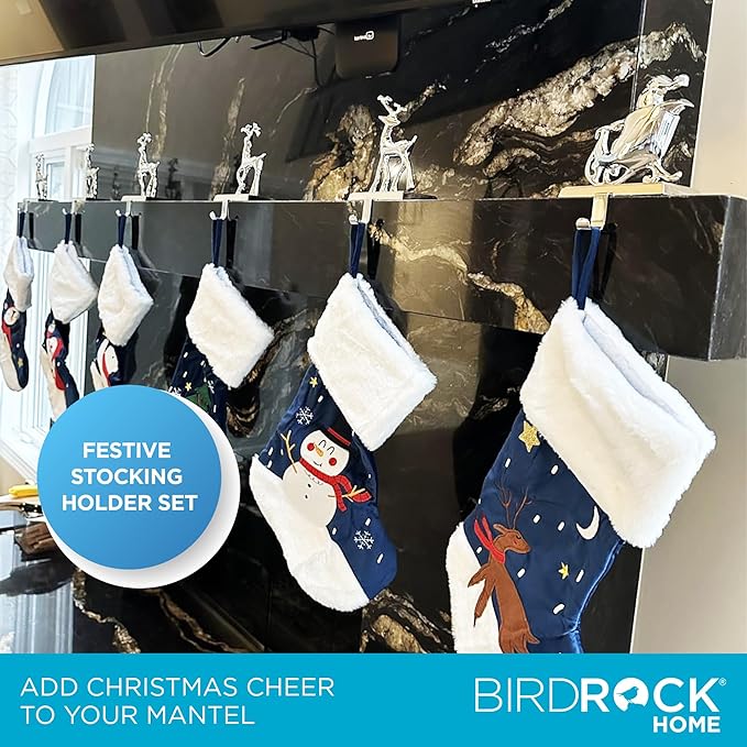 BIRDROCK HOME Reindeer & Santa Claus Stocking Holder Set for Mantle - Set of 4 - Christmas Decorations - Holiday Mantle Fireplace Topper - Decorative Metal Hanger for Stockings - Home Décor Stand
