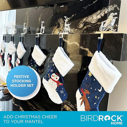 BIRDROCK HOME Reindeer & Santa Claus Stocking Holder Set for Mantle - Set of 4 - Christmas Decorations - Holiday Mantle Fireplace Topper - Decorative Metal Hanger for Stockings - Home Décor Stand