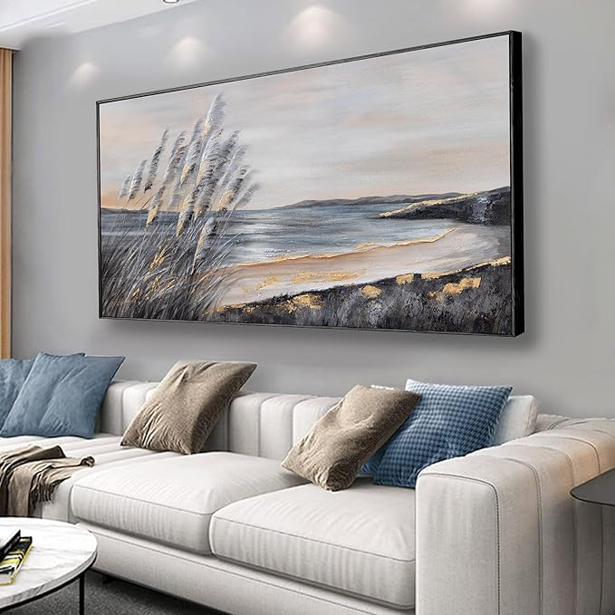 Yuaxker Coastal Wall Art Grey and Gold Wall Decor Trendy Artwork Framed Beach Canvas Painting for Living Room Bedroom Dining Room Office Home Decor 20x40 Inch