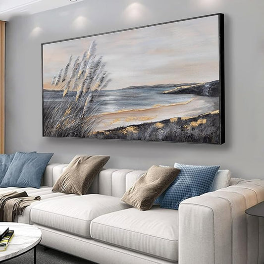 Yuaxker Ocean Wall Art Grey and Black Wall Decor Framed art Aesthetic Coastal Canvas Painting for Living Room Bedroom Dining Room Office Home Decor 24x48 Inch