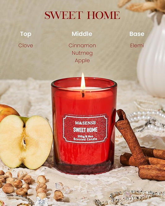 M&SENSE Cinnamon Apple Scented Candles, Christmas Candle 8.8 oz Glitter Jar Candles, Holiday Candles Gifts for Women, Strong Scented Natural Soy Candle for Christmas Home Decor, 50 Hours Long Burning