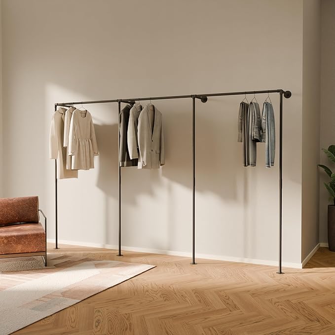 pamo Industrial Pipe Clothing Rack - 615 lbs Capacity - Wall Mounted Clothes Rack and Walk In Closet for Wardrobe