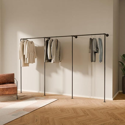 pamo Industrial Pipe Clothing Rack - 615 lbs Capacity - Wall Mounted Clothes Rack and Walk In Closet for Wardrobe
