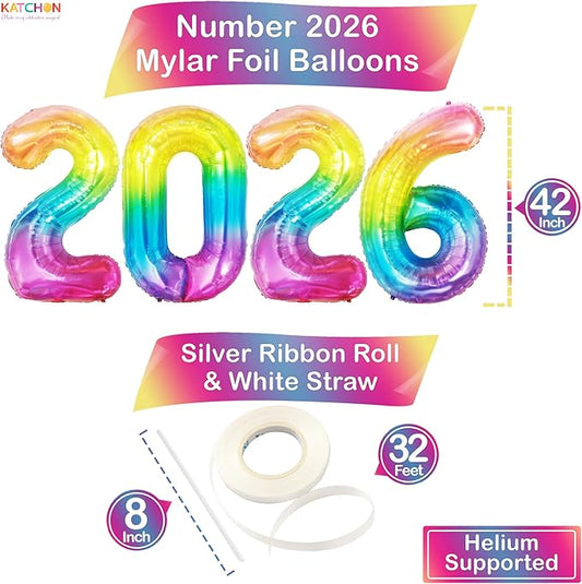KatchOn, Large Rainbow 2026 Number Balloons - 42 Inch | 2026 Foil Balloons for New Years Decorations 2026 | Neon, Rainbow Balloon Numbers for Birthday Decorations | New Years Eve Party Supplies 2026