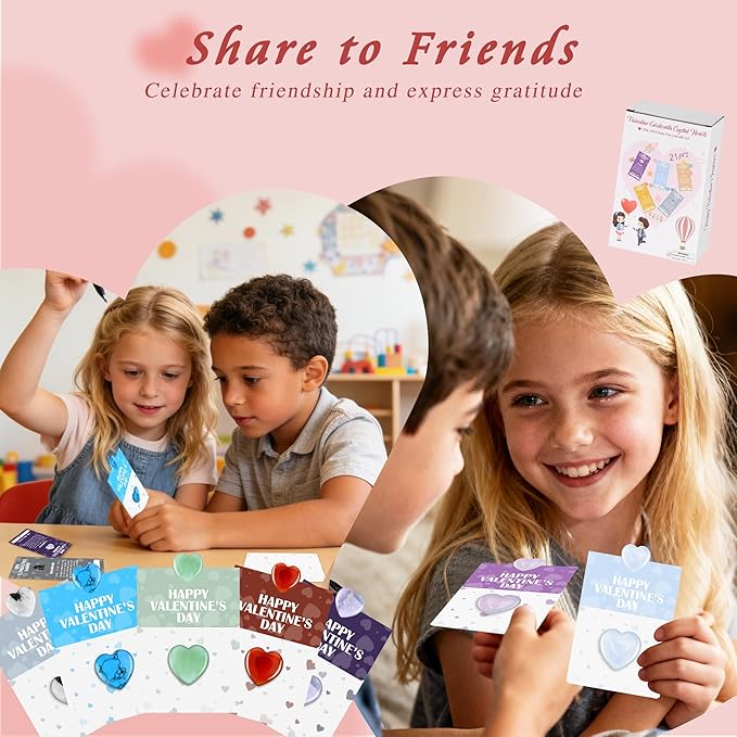 21 Pack Valentine’s Day Gifts for Kids, Valentine’s Day Cards with Heart-Shaped Crystal Gemstones for School Classroom Exchange, Valentine Party Favors&Goody Bag Fillers for Girls and Boys Ages 4–12