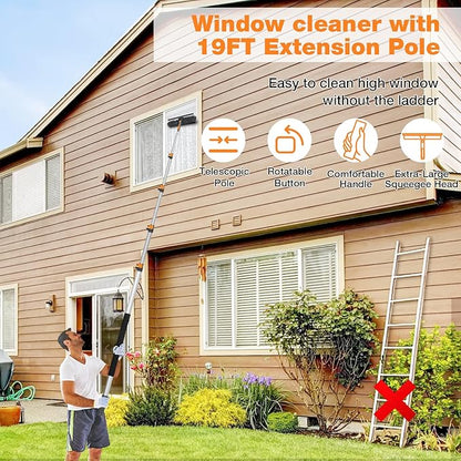 19Ft Window Squeegee with Extension Poles, 2-in-1 Window Cleaning Kit with Telescopic Pole, Extra-Large 14" Window Squeegee, Window Cleaner Tool with Adjustable Head, for High Window, Glass, RV