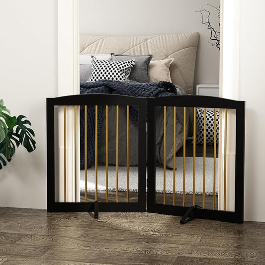 Freestanding Pet Gate for Dogs, Foldable Wooden Dog Gate for House, Stairs, Doorways, Step Over Pet Puppy Safety Fence,Support Feet Included,24" Height 2 Panels, Black&Gold