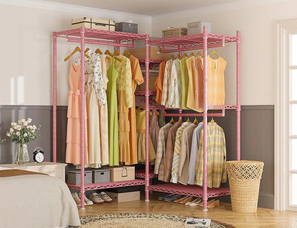 Raybee Clothes Rack Heavy Duty Clothing Racks for Hanging Clothes Adjustable Hanging Clothes Rack Garment Rack, Pink, 13.9" D x 70.6" W x 77" H