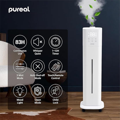 Pureal 10L Tower Humidifier, 83H Runtime, Warm & Cool Mist, Large Room, Top-Fill Tank On Wheels, Auto Mode, 12H Timer, Remote Control, Mood Light, White