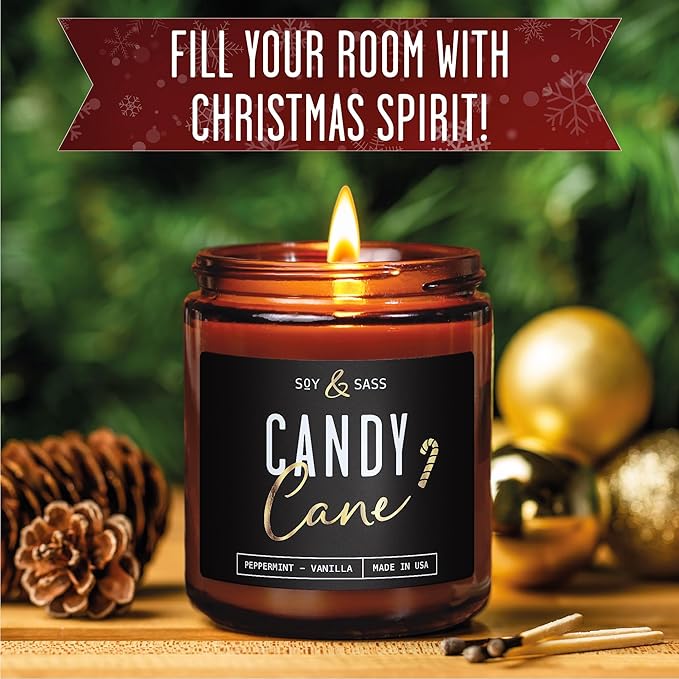 Peppermint Candle - 'Candy Cane' Christmas Candle w/Menthol, Peppermint & Vanilla - Infused with Essential Oils I Christmas Candles Scented I 9oz, 50Hr, Made in USA
