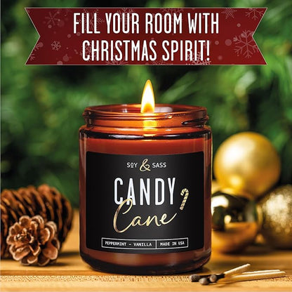 Peppermint Candle - 'Candy Cane' Christmas Candle w/Menthol, Peppermint & Vanilla - Infused with Essential Oils I Christmas Candles Scented I 9oz, 50Hr, Made in USA