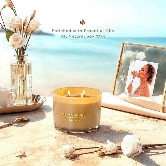 Coconut Scented Candle - 100% Natural Soy Wax - Large 3 Wick Jar Candle - Up to 40 Hours Burning Time - Aromatherapy Candles for Home - Housewarming Gift for Men and Women