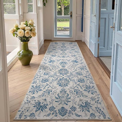 jinchan Runner Rugs 3x10, Vintage-Inspired Floral Design Machine Washable Non-Slip Ultra-Thin Low-Pile Rubber Backing Traditional Rug for Kitchen Hallway Laundry Room Entryway Dark Blue