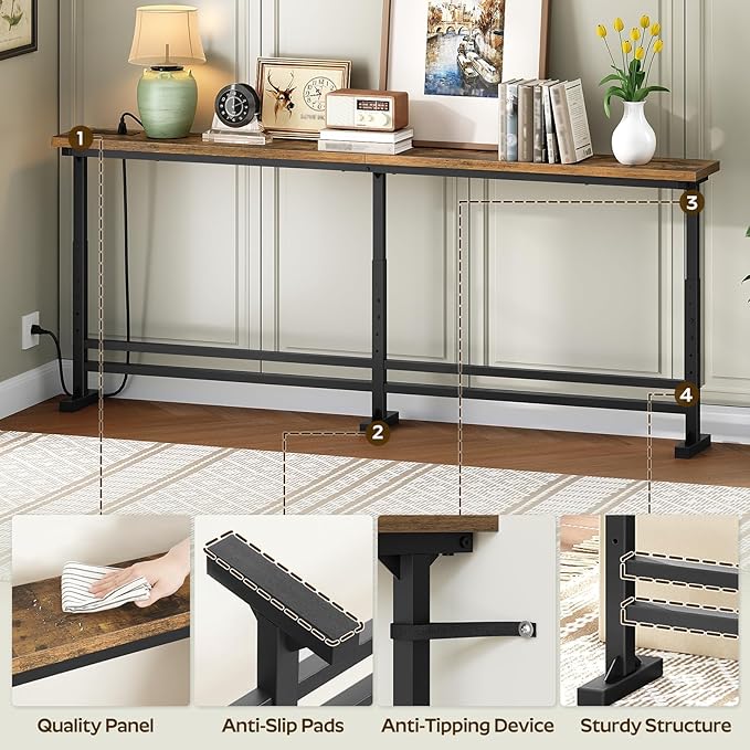 70.9" Console Table with Adjustable Height (27.6"-35.4") and Power Outlet, Skinny Behind Couch Table, Narrow Long Sofa Table for Living Room, Hallway, Entryway, Rustic Brown and Black CT08UBR