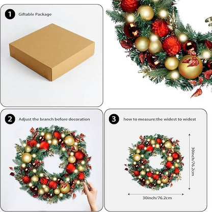 WANNA-CUL Pre-Lit 30 Inch Large Christmas Wreath for Front Door with 50 Led Lights,Luxury Red Gold Lighted Christmas Door Wreath Decor with Ball Ornaments, Battery Operated