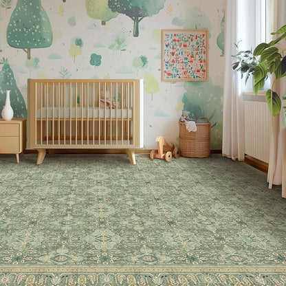 Jainmy Sage Green Rugs 8x10, Washable Non Slip Area Rug for Living Room Bedroom Dining Room, Boho Floral Moroccan Pattern Printed Carpet Rug Low Pile Thin for Nursery Playroom Kids Room