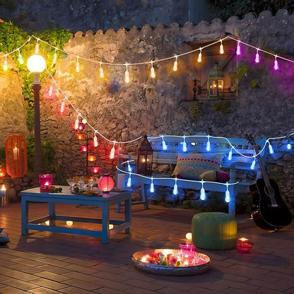 100FT(2x50FT) RGB Solar Outdoor String Lights with Remote, Dimmable Waterproof Patio Lights with 30 Bulbs for Porch Garden Bistro-White Cord