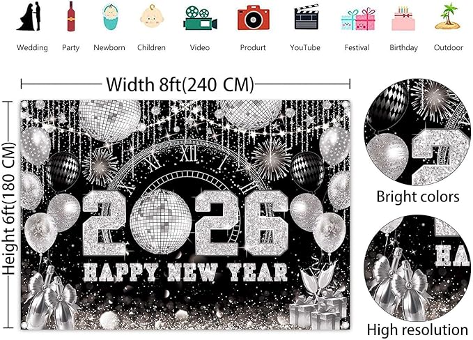 8x6ft Happy New Year 2026 Black Silver Backdrop 2026 New Year Eve Countdown Photo Background Cheer to 2026 Party Decoration Banner Photo Supplies
