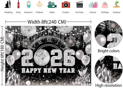 8x6ft Happy New Year 2026 Black Silver Backdrop 2026 New Year Eve Countdown Photo Background Cheer to 2026 Party Decoration Banner Photo Supplies