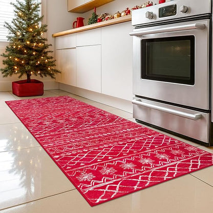 KUTA Christmas Washable Hallway Runner Rug, 2x6 Non-Slip Vintage Red Boho Rugs Kitchen Runners Red Ultra Soft Distressed Geometric Floor Carpet for Bedroom Laundry Living Room