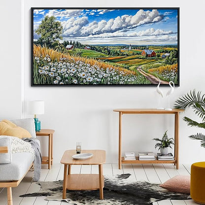HKDGOKA Large Wall Art Living Room, Mountains Flower Landscape Blue Sky Clouds Landscape Canvas Paintings Cottage Framed Artwork for Bedroom Office Kitchen Room Wall Pictures Decor 29x58 IN