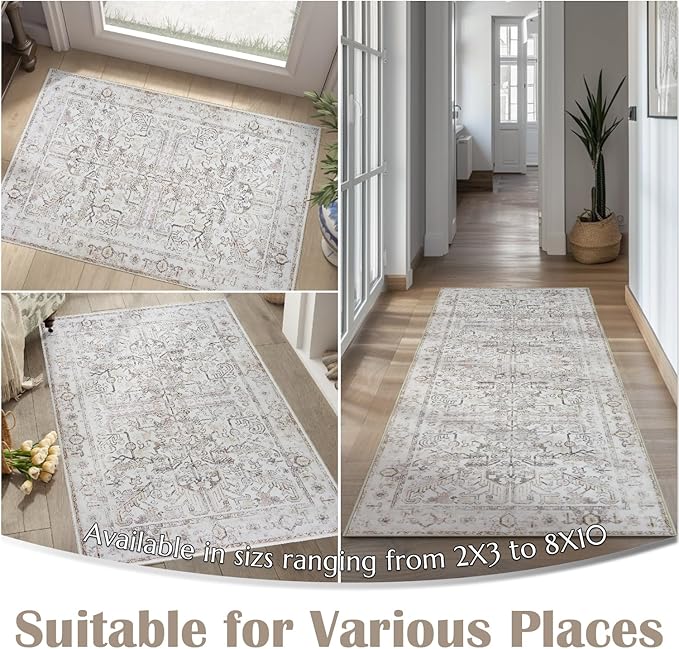 jinchan Hallway Runner Rug 2x10 Washable - Vintage Floral Non Slip Low-Pile Soft Ultra-Thin Faux Wool Kitchen Rug Distressed Carpet Runner for Farmhouse Bedroom Laundry (2x10ft,Taupe)