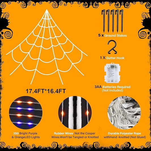 Halloween Spider Web Lights 250 LED Lighted Giant 16.4 Ft Halloween Decorations Light up with 8 Lighting Modes Outdoor Indoor Yard House Decor, Purple & Orange (250LED 16.4 FT Giant Spider Web)