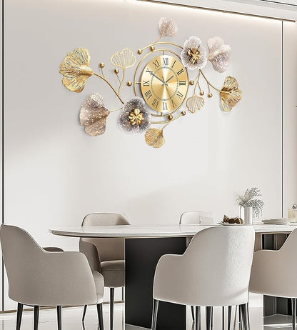 Clocks for Living Room, Large Wall Clock, 3D Silent Wall Clock, Retro Metal Ginkgo Leaf Design, for Bedroom Kitchen Decorative Wall Clocks（35''x20'' ）
