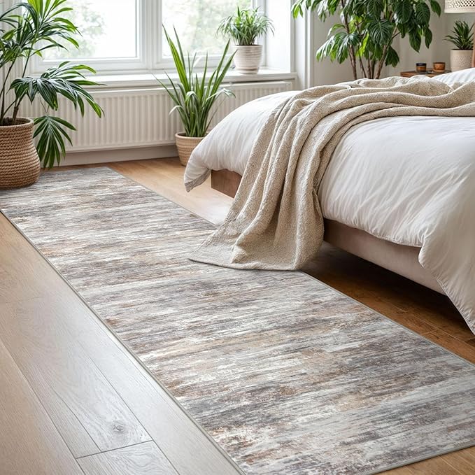 KOZYFLY Modern Abstract Hallway Runner Rug, 2x8 Kitchen Rugs Non-Slip Washable Soft Striped Kitchen Runner Rugs, Print Multi Grey Carpet Runner for Entryway Bathroom Laundry Room Foyer