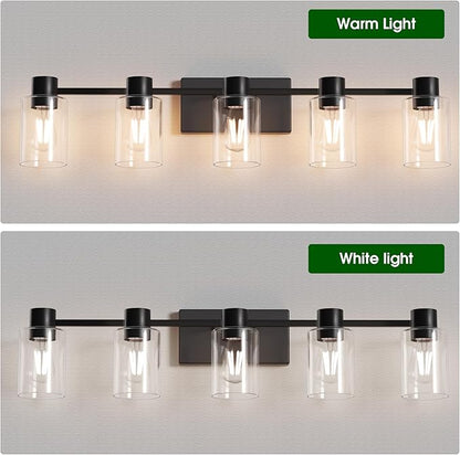5-Light Modern Vanity Light Fixtures Over Mirror, Matte Black Bathroom Light Fixtures, Vanity Lights, Wall Sconce with Clear Glass Shade for Bathroom, E26 Base