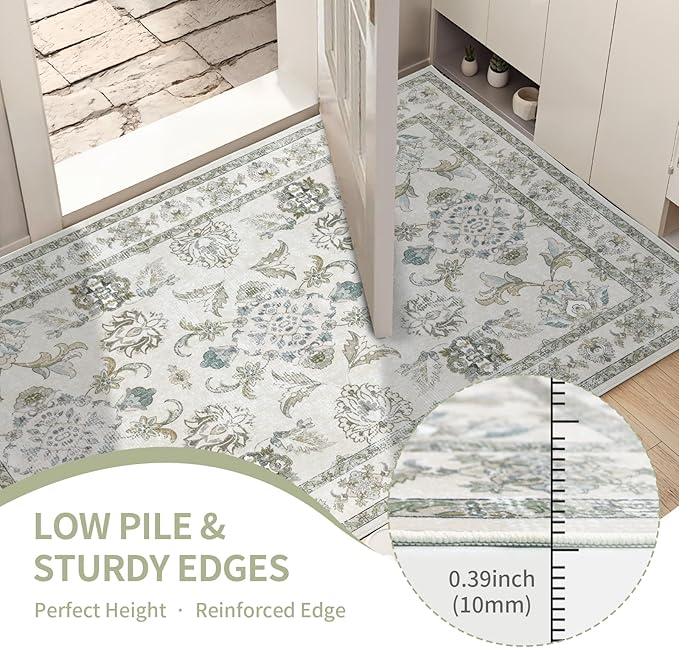8x10 Washable Area Rugs Beige and Sage Green Vintage Boho Floral Farmhouse Rug for Living Room Bedroom, Non Slip Low Pile Carpet