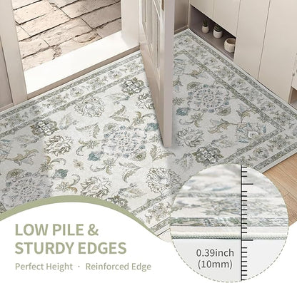 5x7 Washable Area Rugs Beige and Sage Green Vintage Boho Floral Farmhouse Rug for Living Room Bedroom, Non Slip Low Pile Carpet