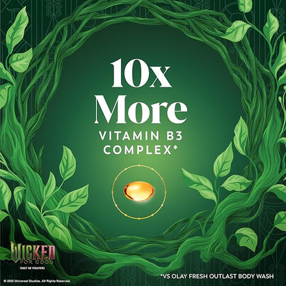 Olay Body Wash for Women, Wickedly Wonderful Elphaba’s Edition, Intensely Hydrating & Renewing, Pro-Hyaluronic Acid Serum with Vitamin B3, For All Skin Types, Cashmere Woods & Lime Scent, 20 fl oz