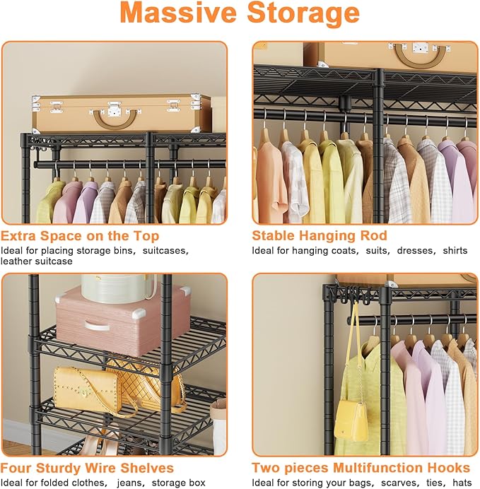 Ulif F4R Heavy Duty Clothes Rack（With Lockable Wheels ） Rolling Clothing Racks for Hanging Clothes，Adjustable Closet Organizer System，Portable Garment Rack 45"W x 15.8"D x 73.5"H，Max Load 650LBS，Black
