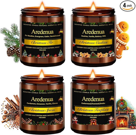 Holiday Candles Set | 4 Pack Holiday Scented Candles, Hand Poured Soy Candles for Home Scented - Non-Toxic Candle Gifts for Women and Men - Scents of Fir/Spices/Cookies/Fireplace