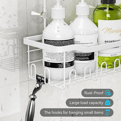 BYT Shower Caddy Hanging, Organizer Hanging for Bathroom, Shower Basket with Hooks, Shower Storage, Shelf, Rack No Drilling for Faucet or Cross Bar (White)