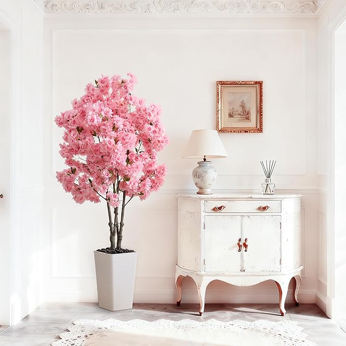 Artificial Cherry Blossom Tree, 5FT Fake Plants Indoor, Faux Pink Sakura Flowers Blooming Tree in Pot, Artificial Trees Silk Plant for House Bedroom Living Room Office Entryway Porch Decor