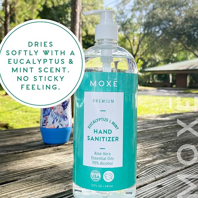 MOXE Premium Eucalyptus & Mint Hand Sanitizer Value Pack - Calming Moisturizing Waterless Antiseptic Cleanser with 70% Ethyl Alcohol, Aloe Vera & Essential Oils - Fights Germs & Bacteria - 4 x 32oz