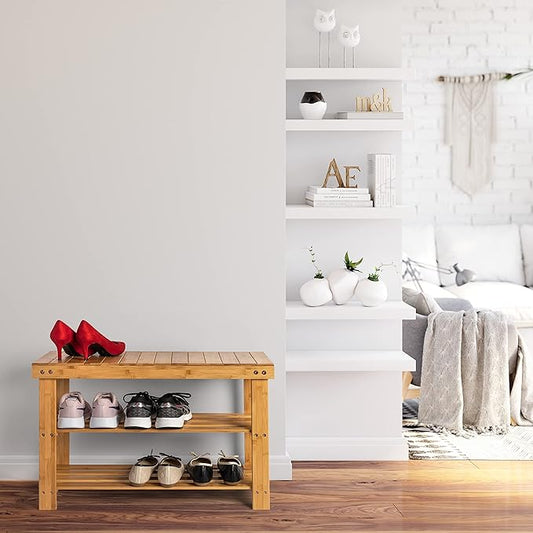 Homemaid Living Bamboo 3 Tier Shoe Rack Bench, Premium Organizer or Entryway Bench, Perfect for Shoe Cubby, Entry Bench, Bathroom Bench, Entryway Organizer, Hallway or Living Room(Natural Bamboo)
