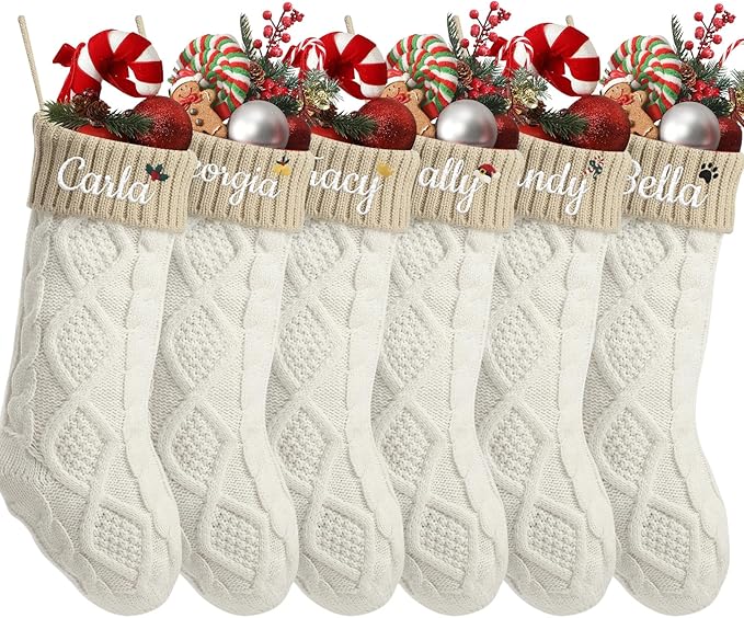 Personalized Christmas Stockings,Custom Embroidered Name+Logo Xmas Knitted Stockings 18'',Holiday and Family Stocking for Fireplace Christmas Holiday Party Decoration 1-6Pack（White Flax）
