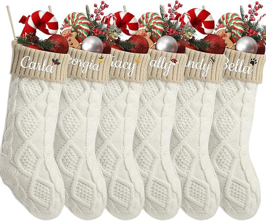 Personalized Christmas Stockings,Custom Embroidered Name+Logo Xmas Knitted Stockings 18'',Holiday and Family Stocking for Fireplace Christmas Holiday Party Decoration 1-6Pack（White Flax）