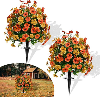 23" Set of 2 Artificial Boxwood Topiary Flowers Ball with Spikes for Outdoor Fall Decorations, Faux Greenery Shrubs,Fake Bushes Plants for Garden, Yard, Front Porch, Patio（Orange Green ）