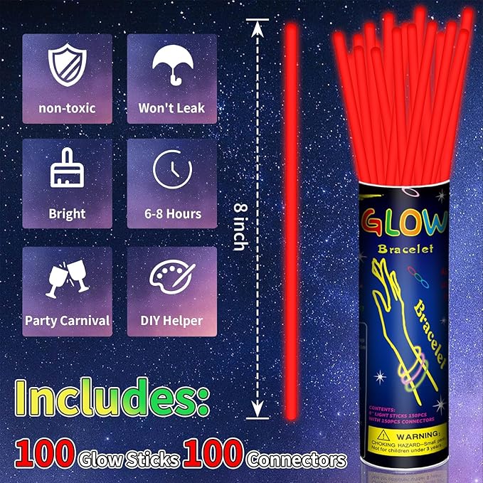 100 Pack 8” Red Glow Sticks Bulk with 100 Connectors Neon Glow In The Dark Party favors Supplies for Holiday Birthday Party Decoration (Red)