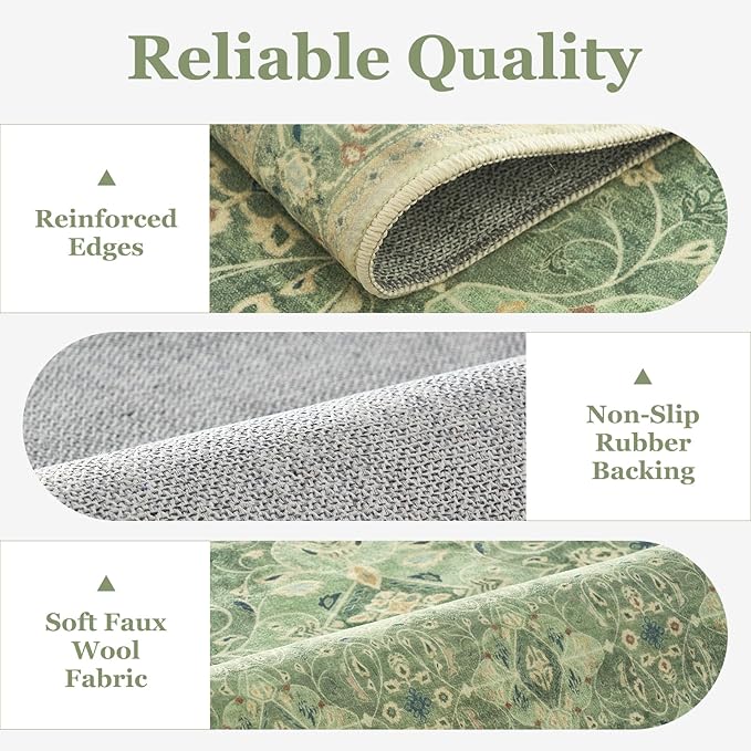 Sage Green 9x12 Rugs for Living Room, Large Area Rug Washable Non Slip Low Pile Ultra Thin, Boho Floral Moroccan Pattern Printed Carpet Rug for Bedroom Dining Room