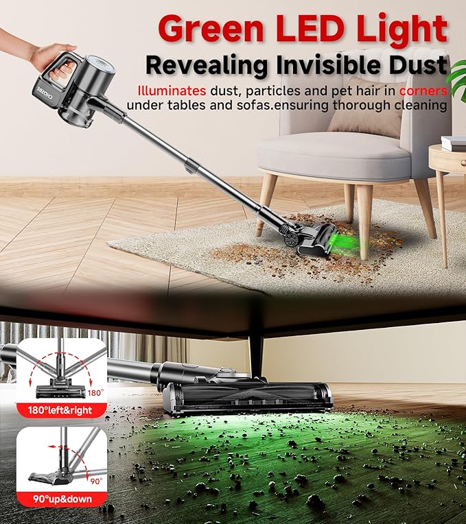 Cordless Vacuum Cleaner, 500W/35Kpa Self-Standing Lightweight Stick Vacuum with Green Light, 45Mins Runtime Vacuum Cleaners for Home, Anti-Tangle Vacuum for Pet Hair Hardwood Floor Carpet, Grey