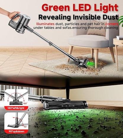 Cordless Vacuum Cleaner, 500W/35Kpa Self-Standing Lightweight Stick Vacuum with Green Light, 45Mins Runtime Vacuum Cleaners for Home, Anti-Tangle Vacuum for Pet Hair Hardwood Floor Carpet, Grey