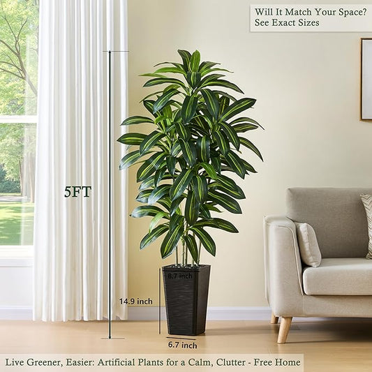 Artificial Dracaena Tree：5FT Faux Silk Tropical Yucca Floor Trees Realistic Fake Green Plant with Natural Wood Trunk & Lifelike Leaves for Home Office Decor Indoor & Outdoor (5FT,1-Pack,Black)