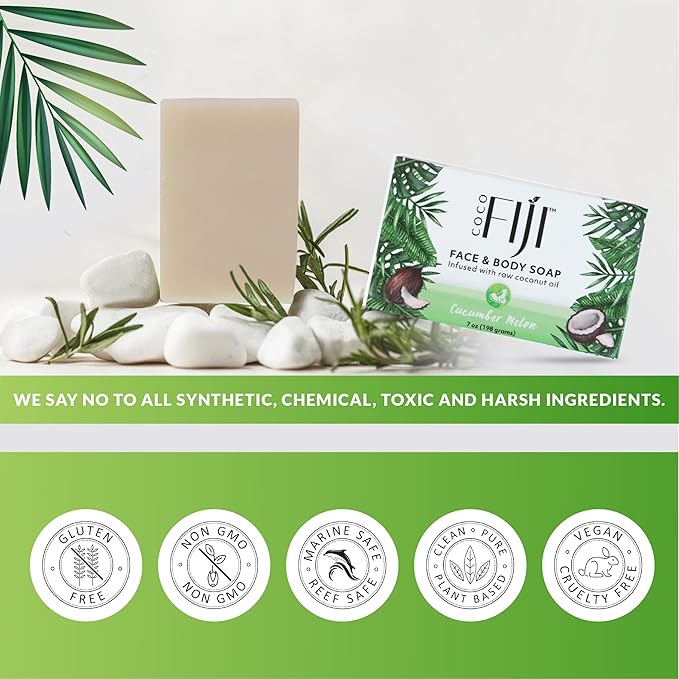 "Coco Fiji Soap Bar for Face and Body Infused With Organic Coconut Oil, Cucumber Melon, Essential Oil, Natural Soap for Moisturizing & Pore Purifying Skin, 7 oz, Pack Of 3 "