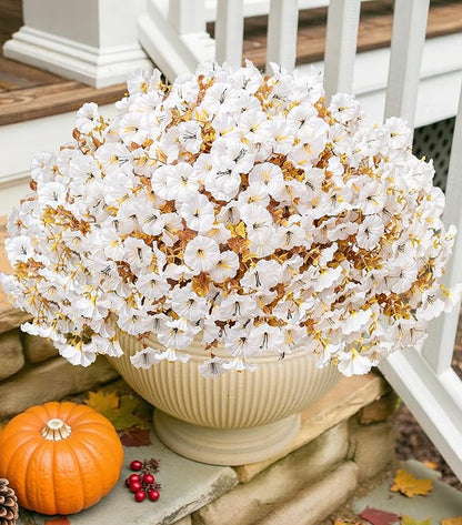 Fake Mums Artificial Fall Flowers Fake Plants for Outdoors Autumn Decor, 12 Bundles White Silk Morning Glory with Eucalyptus Look Real UV Resistant Faux Flowers for Outside Planters Front Door Yard